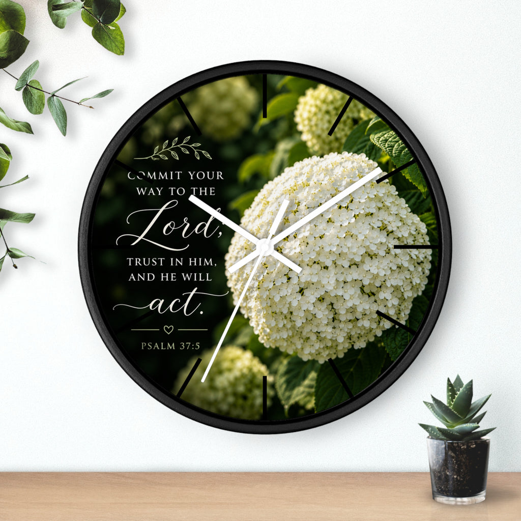 Christian Floral Wall Clock — Psalm 37:5 Inspirational Scripture Timepiece