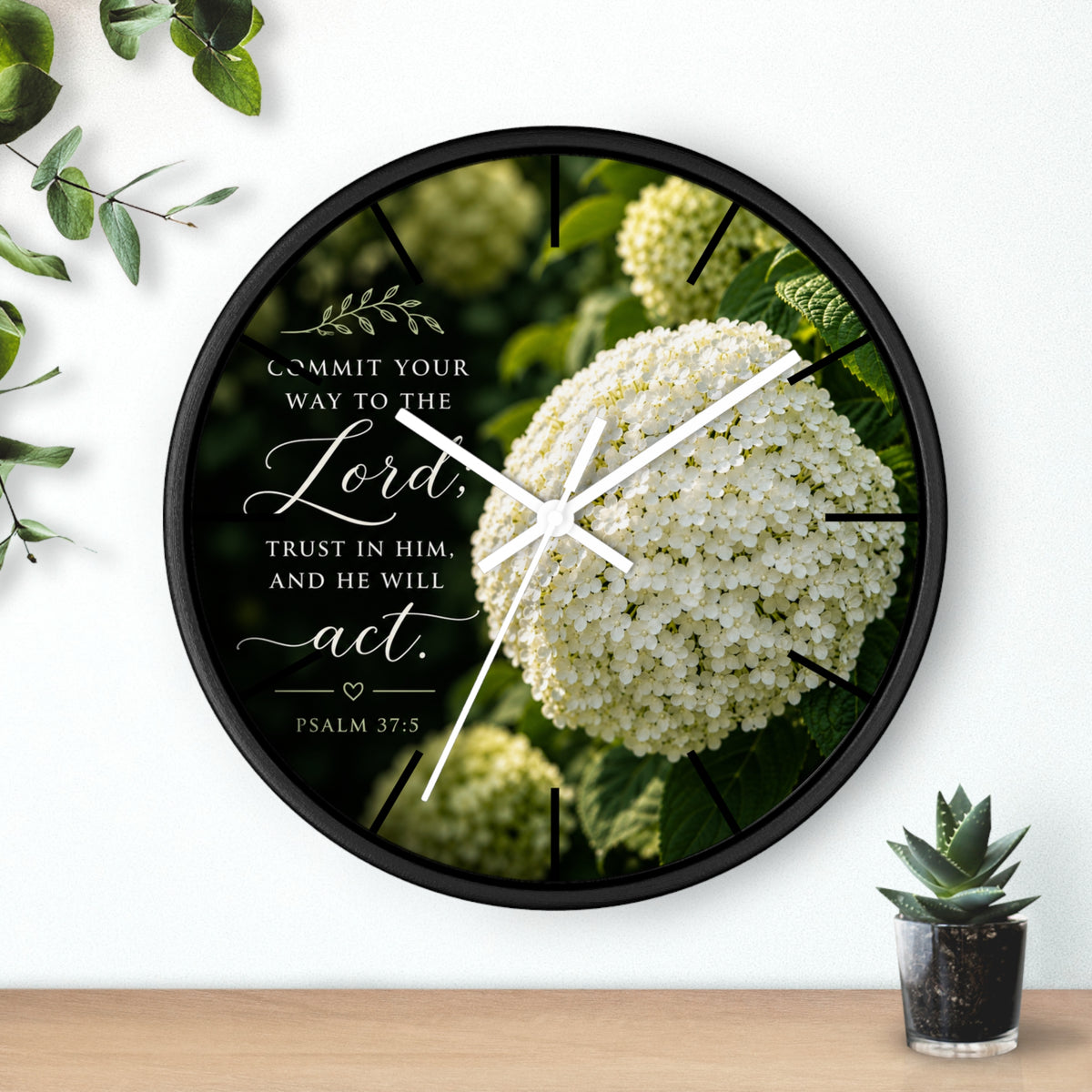 Christian Floral Wall Clock — Psalm 37:5 Inspirational Scripture Timepiece