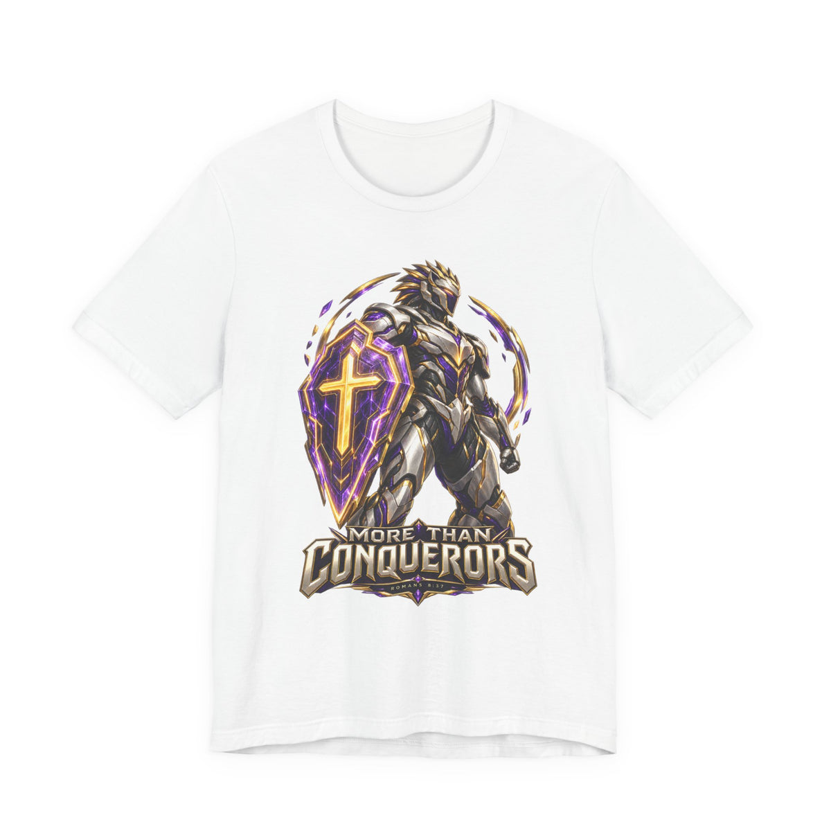 Christian Armor T-Shirt — "More Than Conquerors" Biblical Verse Tee