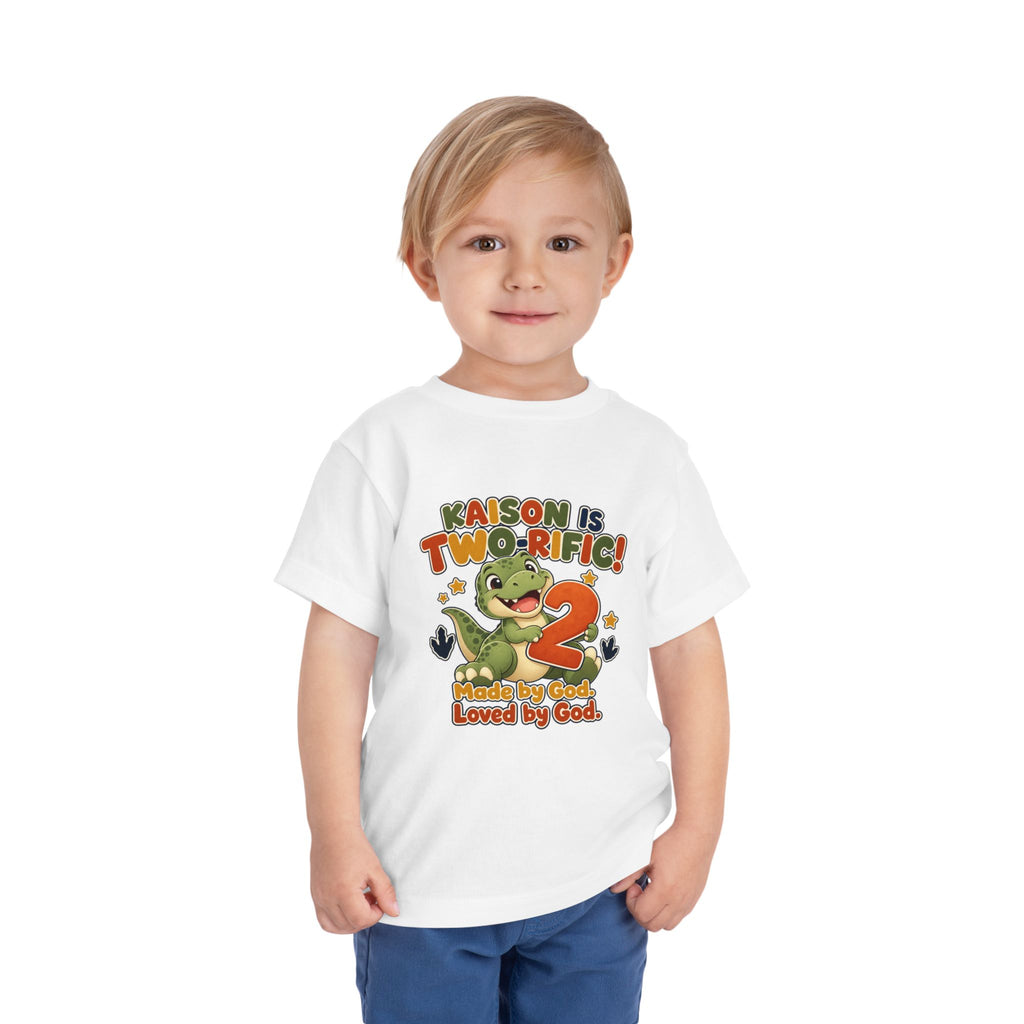 Personalized Toddler Tee - "Kaison is Two-rific!" Dinosaur 2nd Birthday Shirt