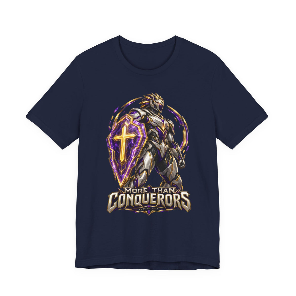 Christian Armor T-Shirt — "More Than Conquerors" Biblical Verse Tee