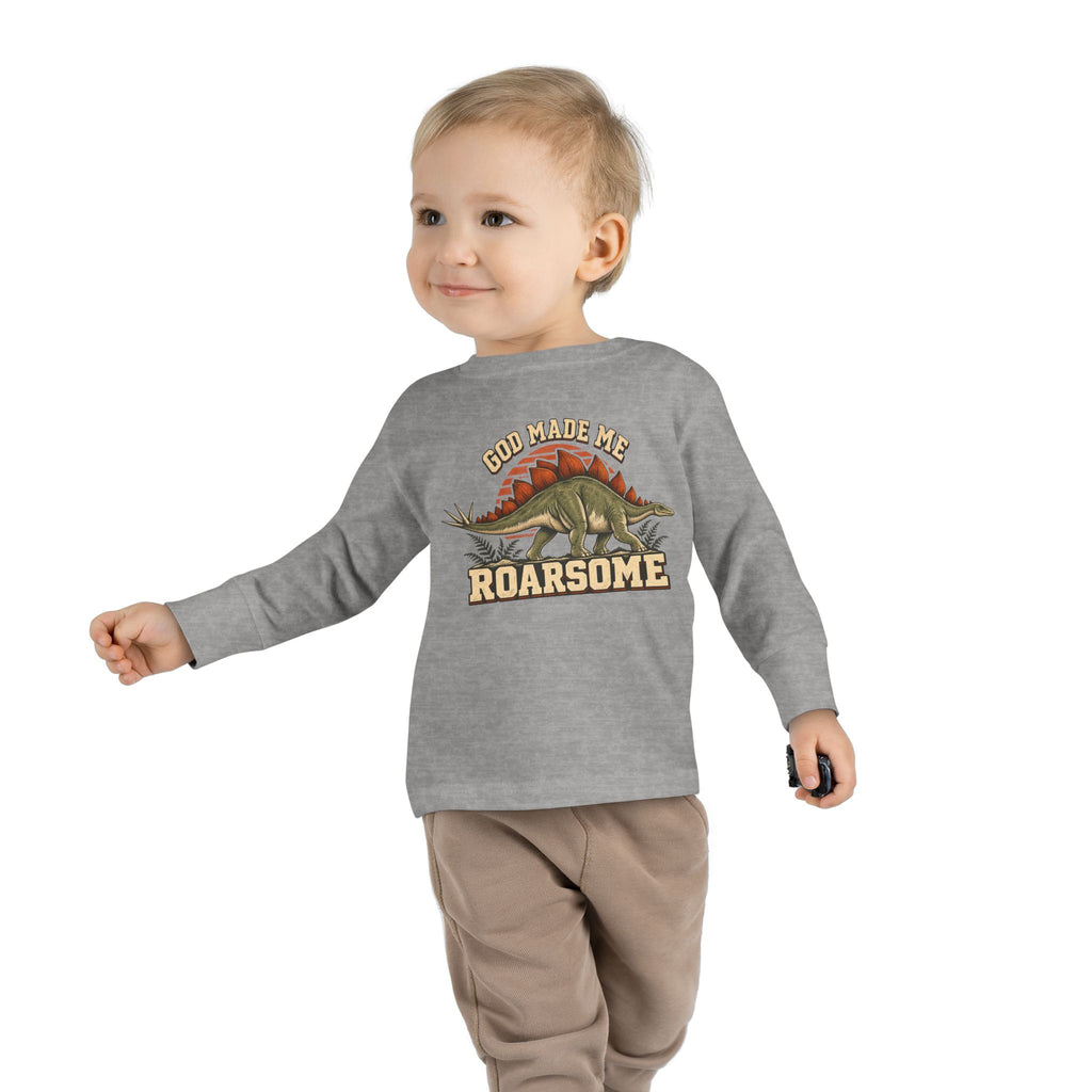 Toddler Tee - "God Made Me Roarsome" Dinosaur Long Sleeve Shirt