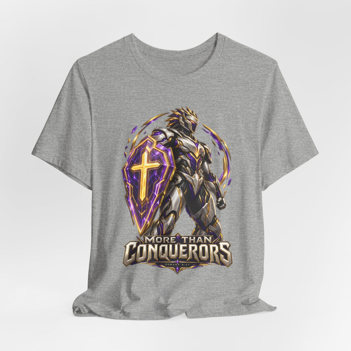 Christian Armor T-Shirt — "More Than Conquerors" Biblical Verse Tee