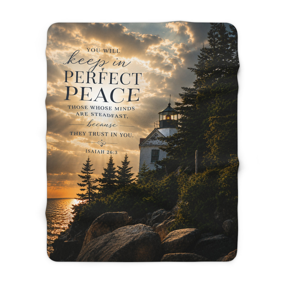 Sherpa Blanket with Lighthouse & Isaiah 26:3 'Perfect Peace' — Inspirational Christian Throw