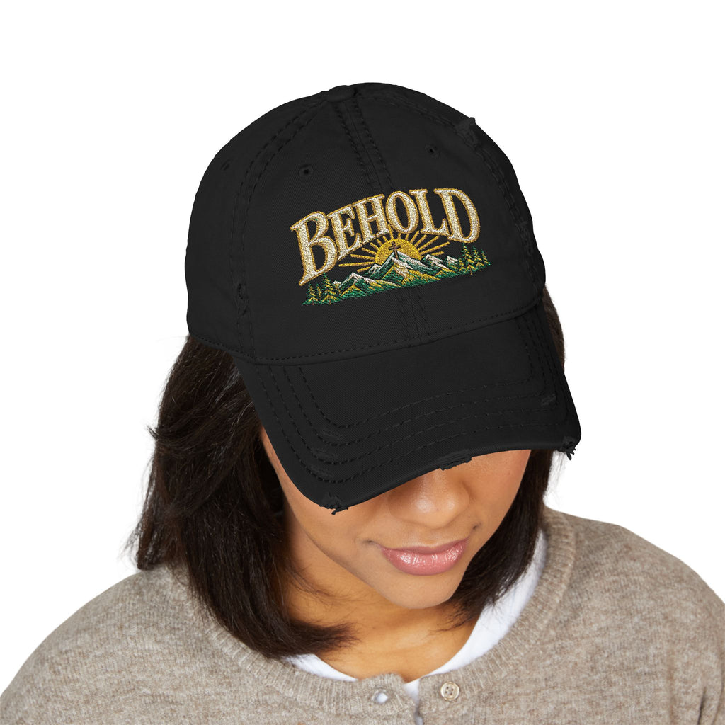 Behold Embroidered Distressed Dad Hat - Mountain Sunrise Baseball Cap