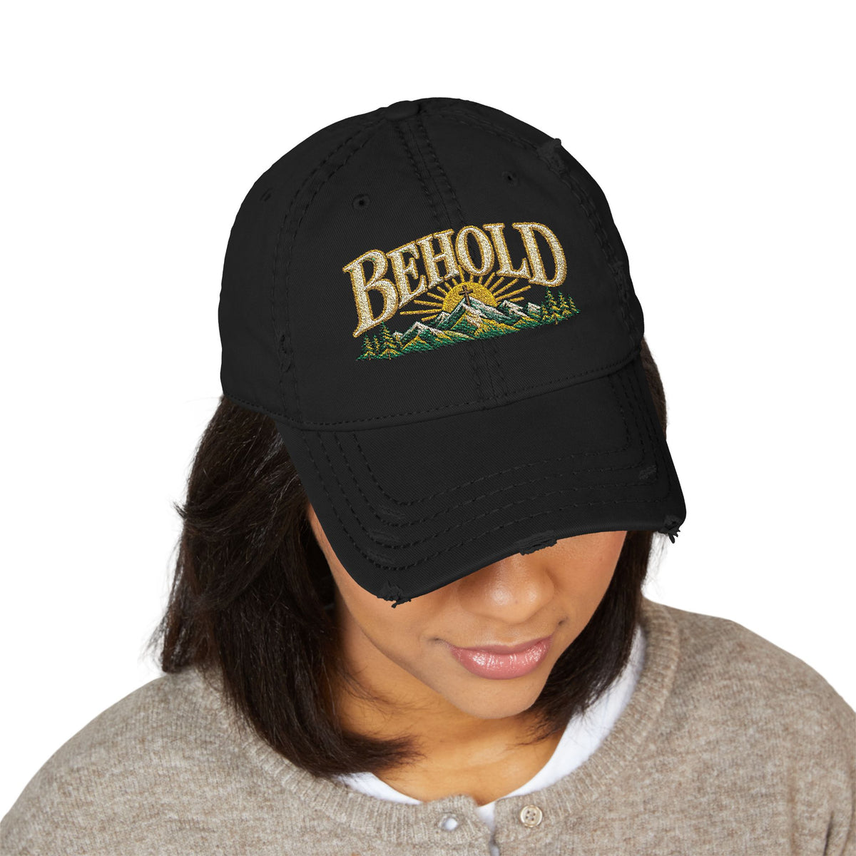 Behold Embroidered Distressed Dad Hat - Mountain Sunrise Baseball Cap