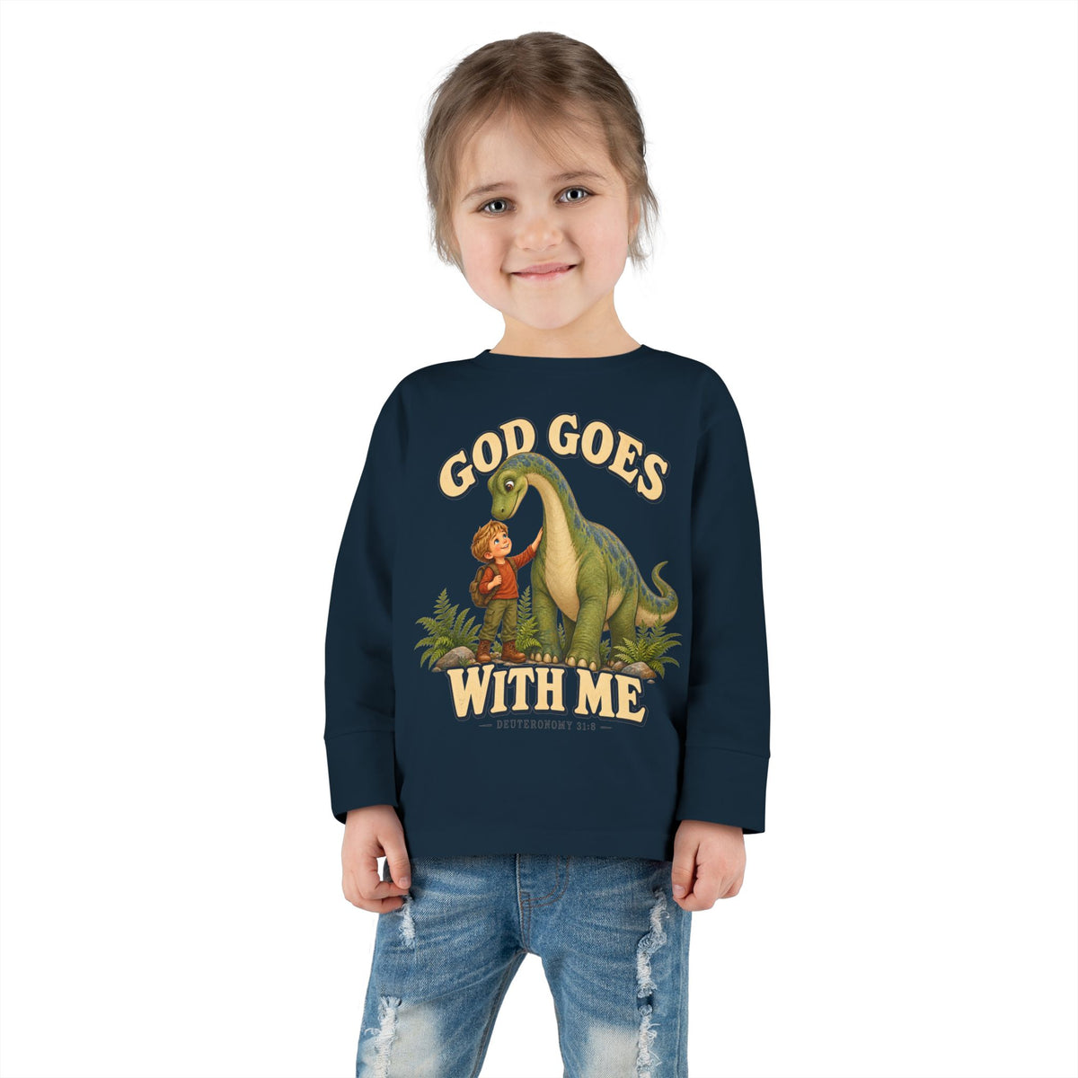 Toddler Long Sleeve Tee — "God Goes With Me" Dino Faith Shirt