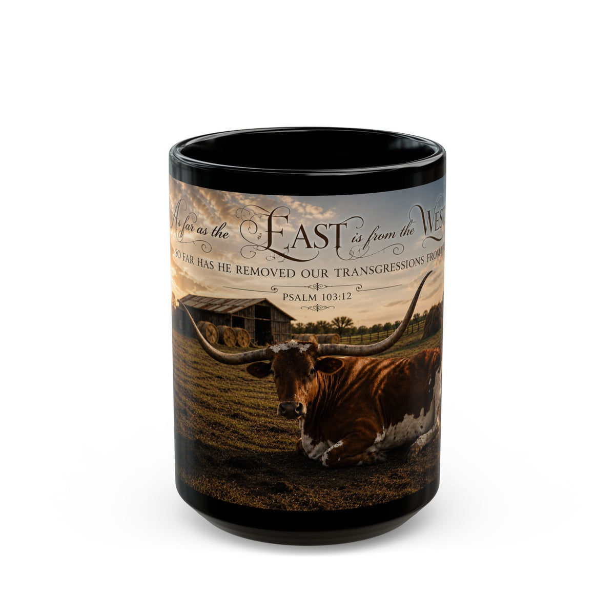 Longhorn Ranch Black Mug – Psalm 103:12 Western Cowhide Coffee Cup