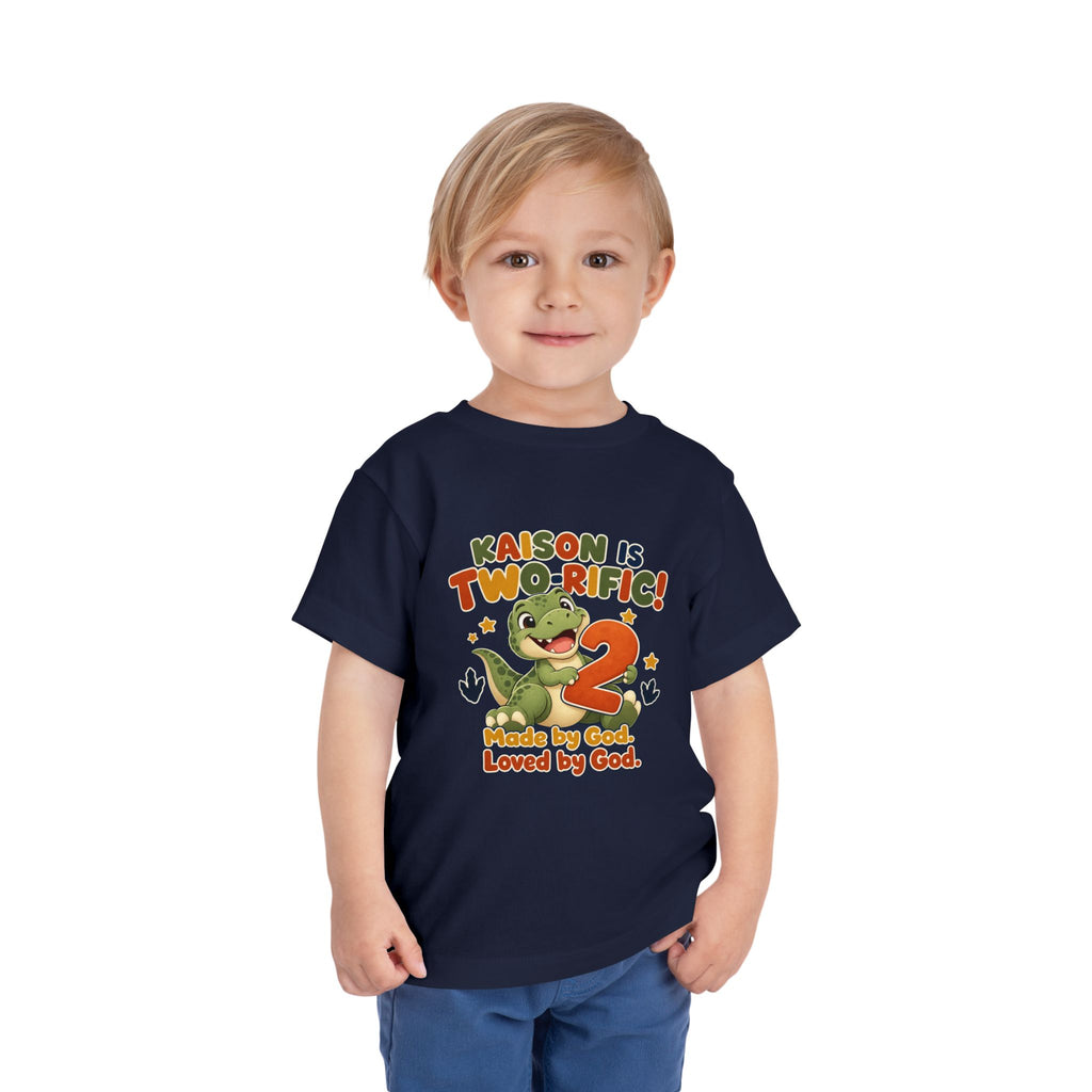 Personalized Toddler Tee - "Kaison is Two-rific!" Dinosaur 2nd Birthday Shirt