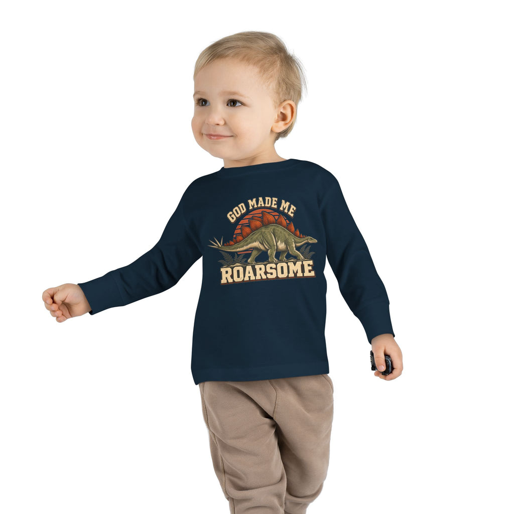 Toddler Tee - "God Made Me Roarsome" Dinosaur Long Sleeve Shirt
