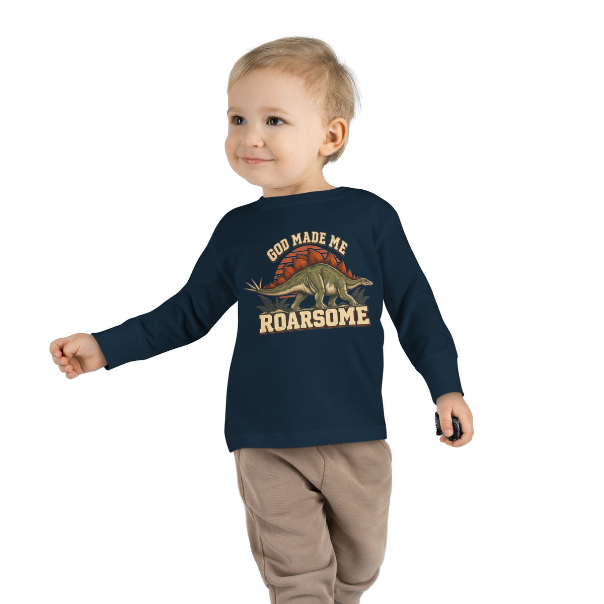 Toddler Tee - "God Made Me Roarsome" Dinosaur Long Sleeve Shirt