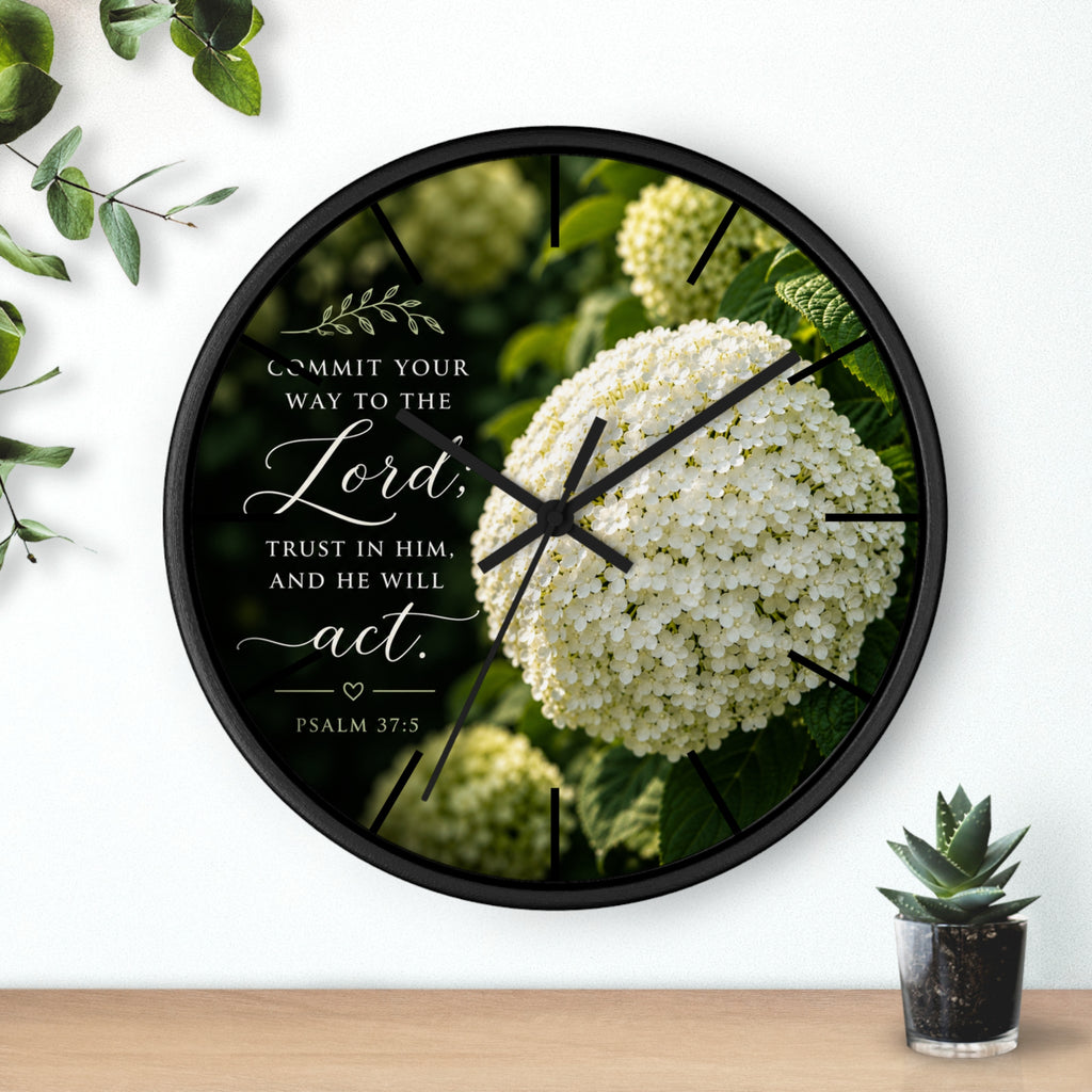 Christian Floral Wall Clock — Psalm 37:5 Inspirational Scripture Timepiece