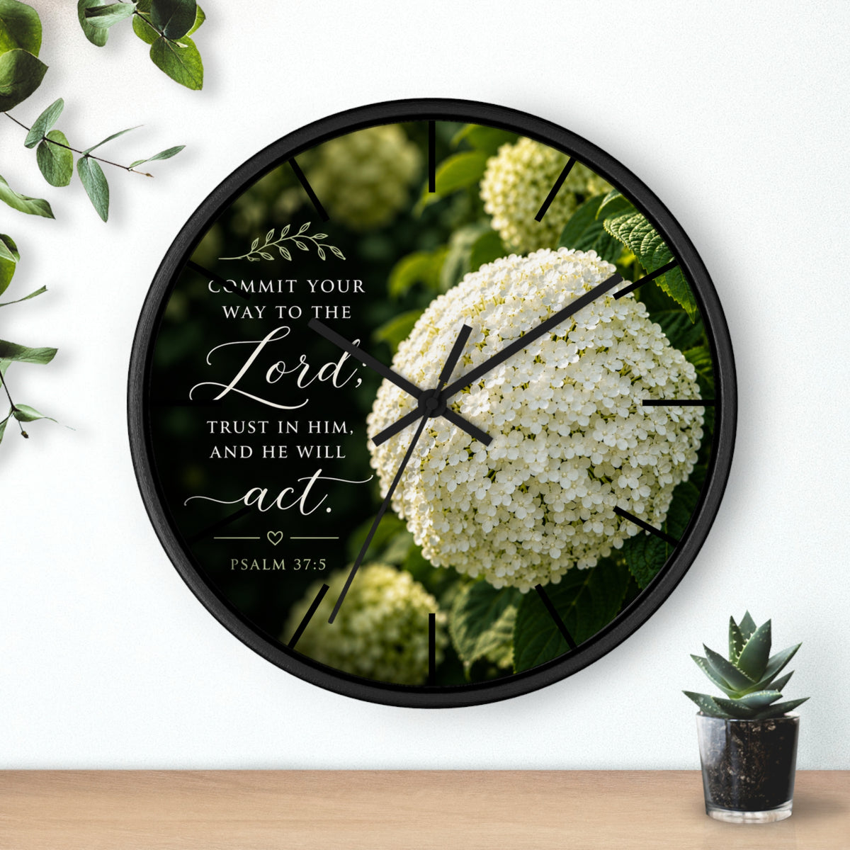 Christian Floral Wall Clock — Psalm 37:5 Inspirational Scripture Timepiece