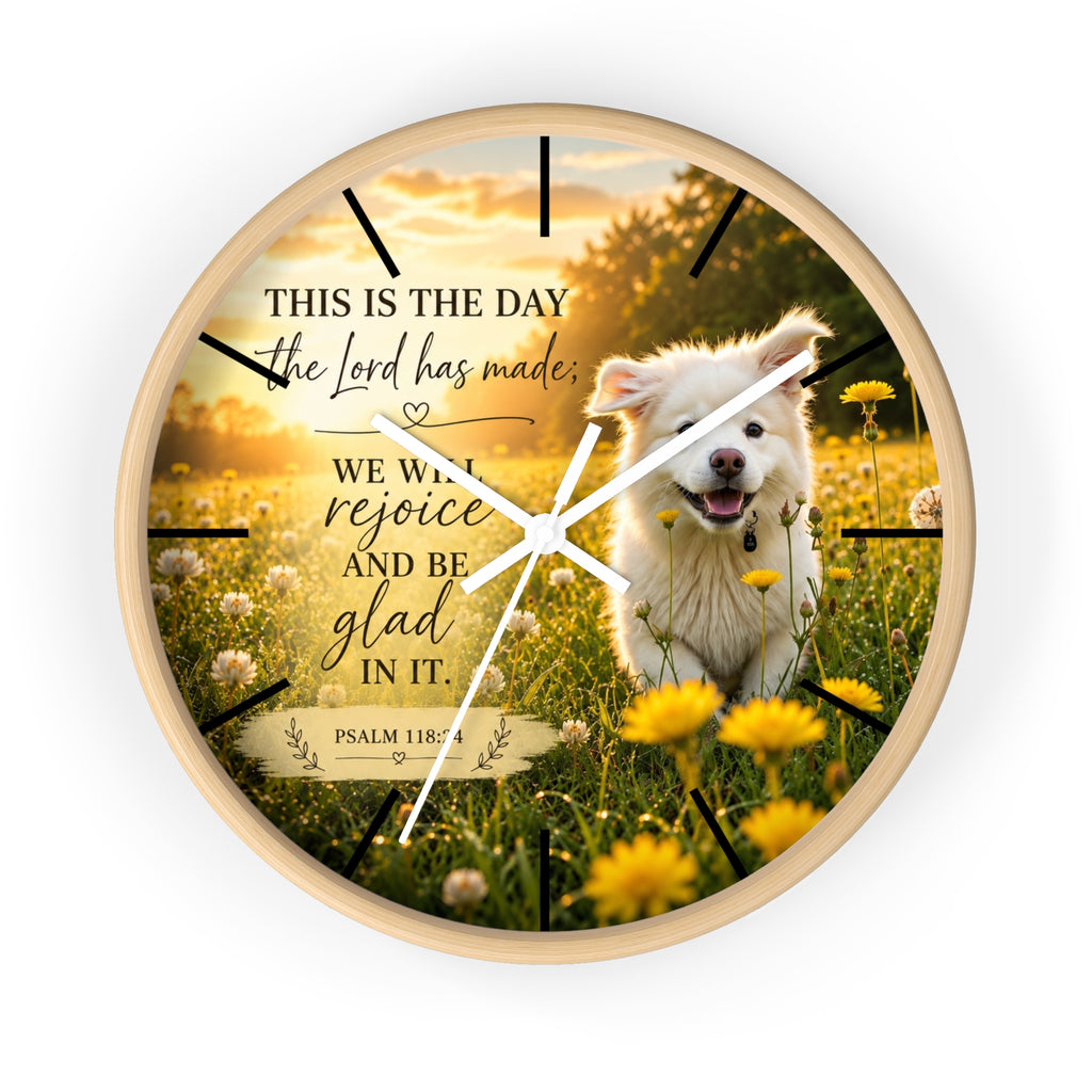 Inspirational Psalm 118:24 Wall Clock — Joyful Dog in Dandelion Field