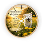 Inspirational Psalm 118:24 Wall Clock — Joyful Dog in Dandelion Field