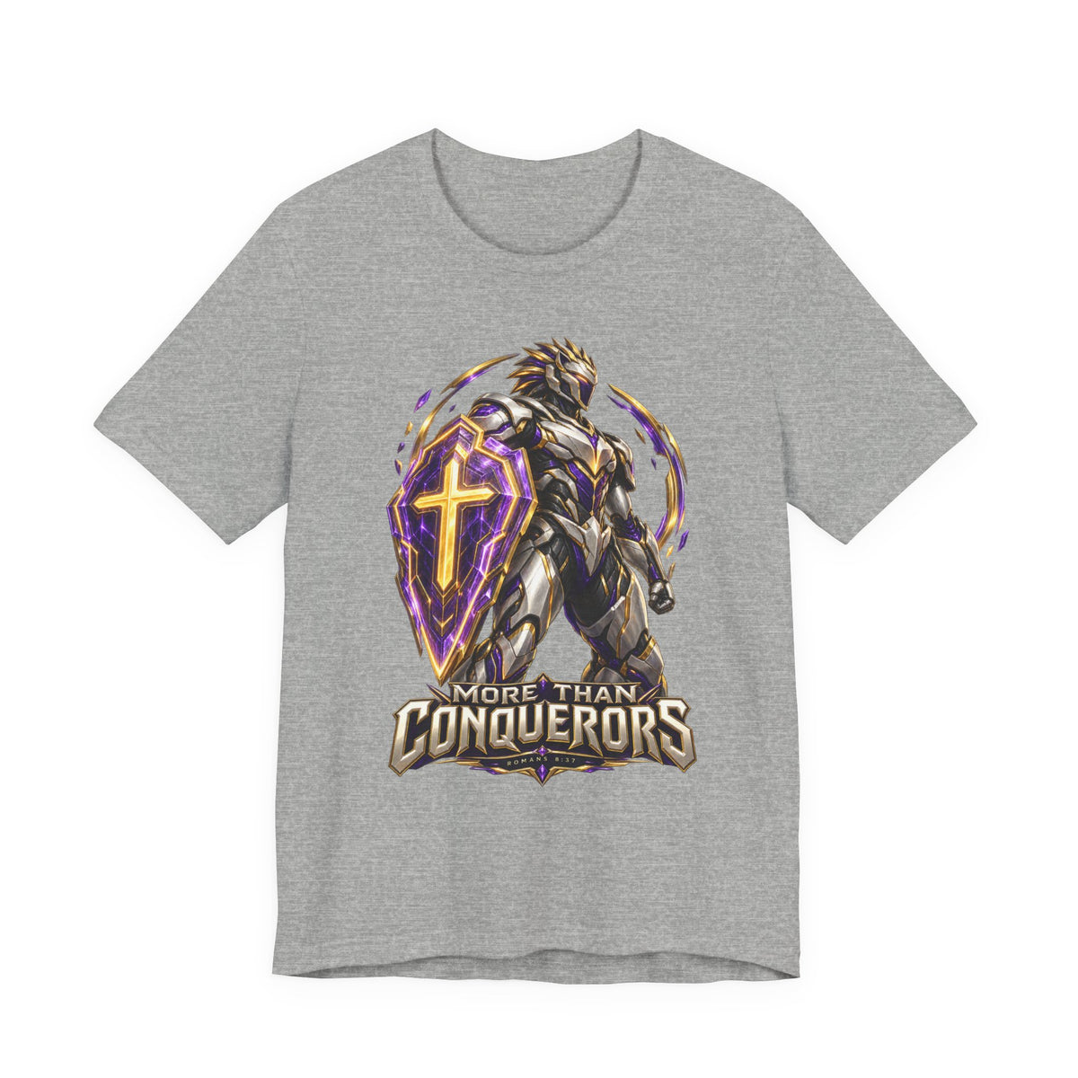 Christian Armor T-Shirt — "More Than Conquerors" Biblical Verse Tee