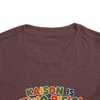 Personalized Toddler Tee - "Kaison is Two-rific!" Dinosaur 2nd Birthday Shirt