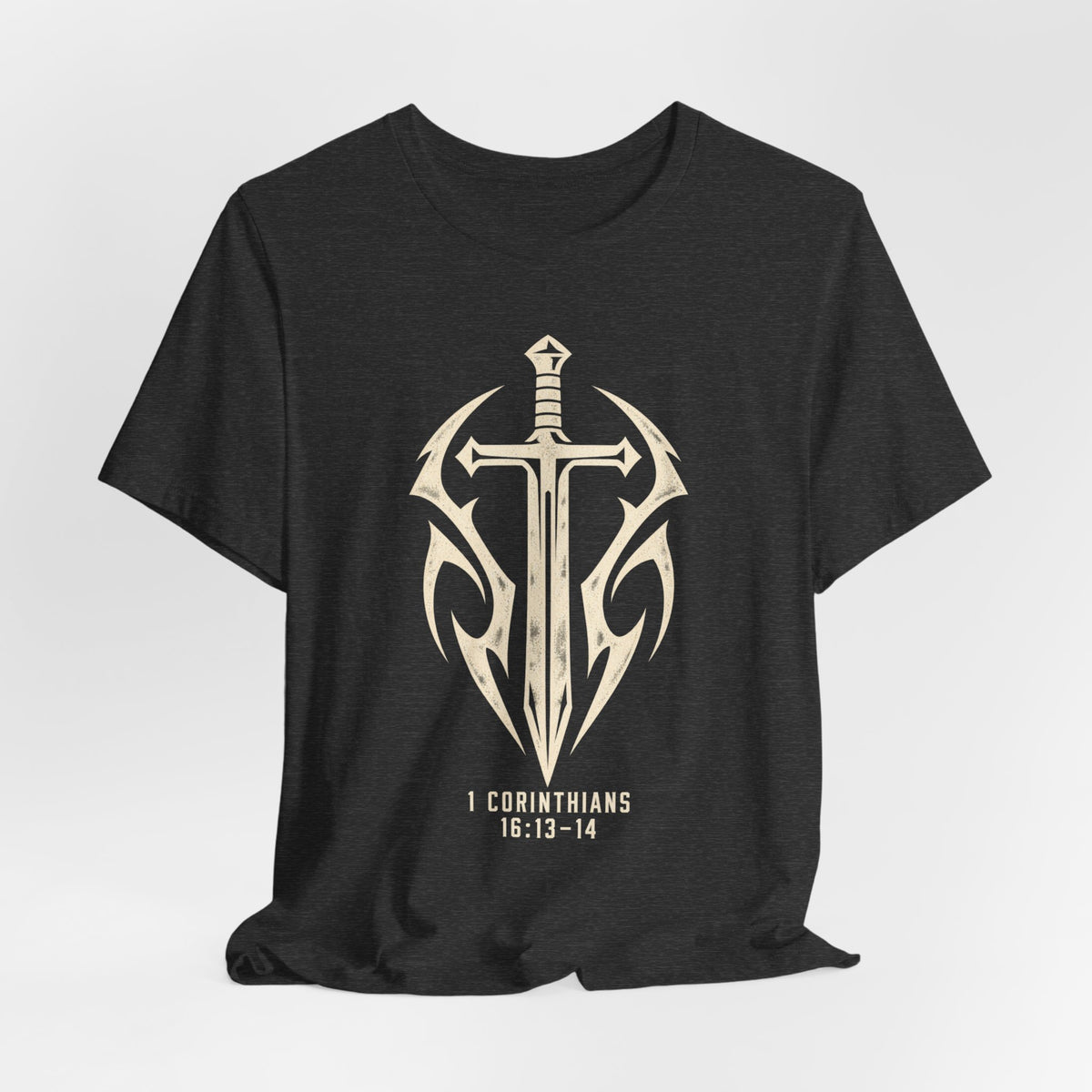 Christian Sword T-Shirt — Be Watchful, Stand Firm Bible Verse Tee