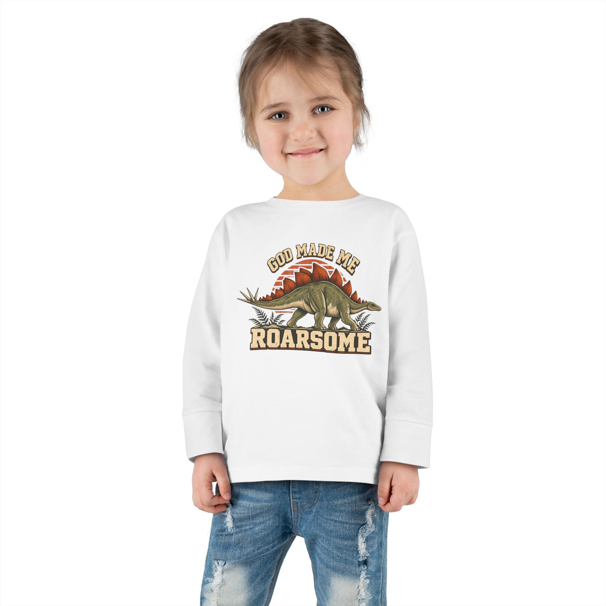 Toddler Tee - "God Made Me Roarsome" Dinosaur Long Sleeve Shirt