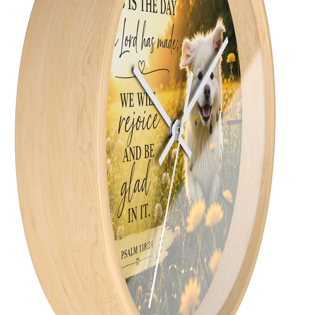 Inspirational Psalm 118:24 Wall Clock — Joyful Dog in Dandelion Field