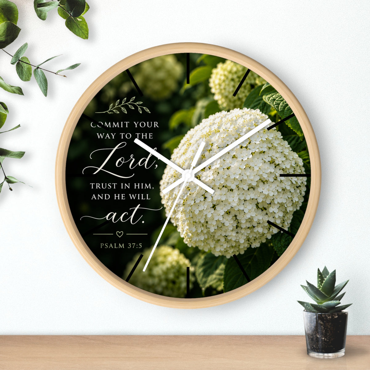Christian Floral Wall Clock — Psalm 37:5 Inspirational Scripture Timepiece