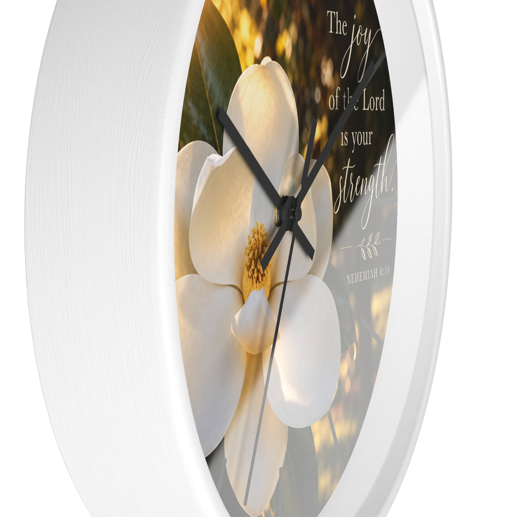 Magnolia Wall Clock — "The joy of the Lord is your strength" (Nehemiah 8:10)