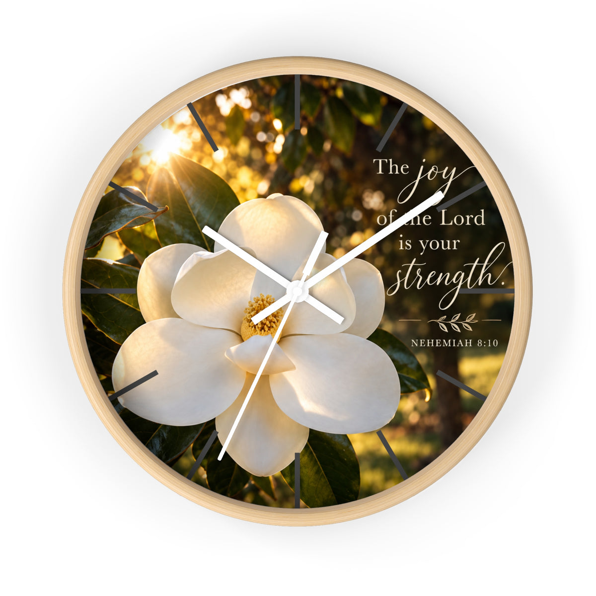 Magnolia Wall Clock — "The joy of the Lord is your strength" (Nehemiah 8:10)