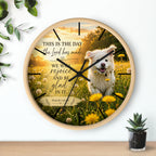 Inspirational Psalm 118:24 Wall Clock — Joyful Dog in Dandelion Field