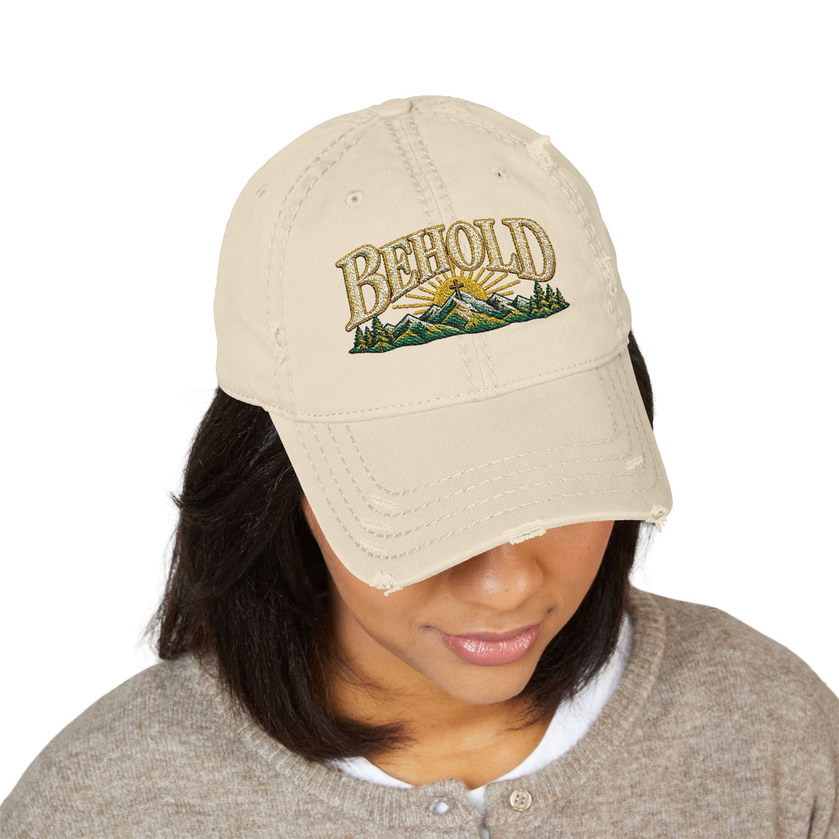 Behold Embroidered Distressed Dad Hat - Mountain Sunrise Baseball Cap