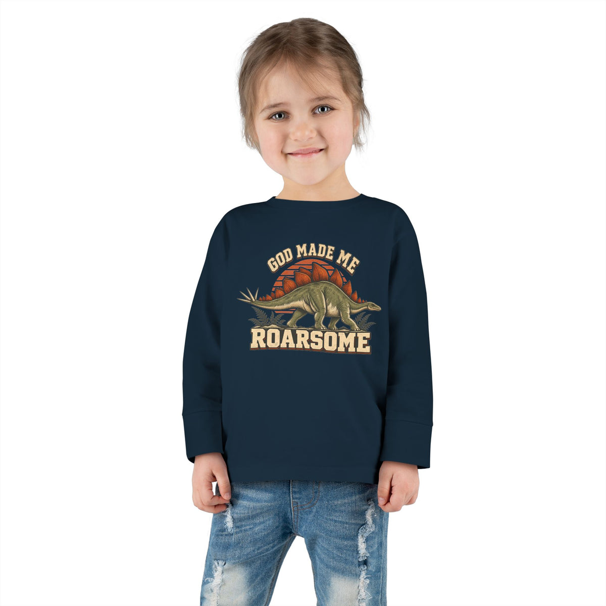 Toddler Tee - "God Made Me Roarsome" Dinosaur Long Sleeve Shirt
