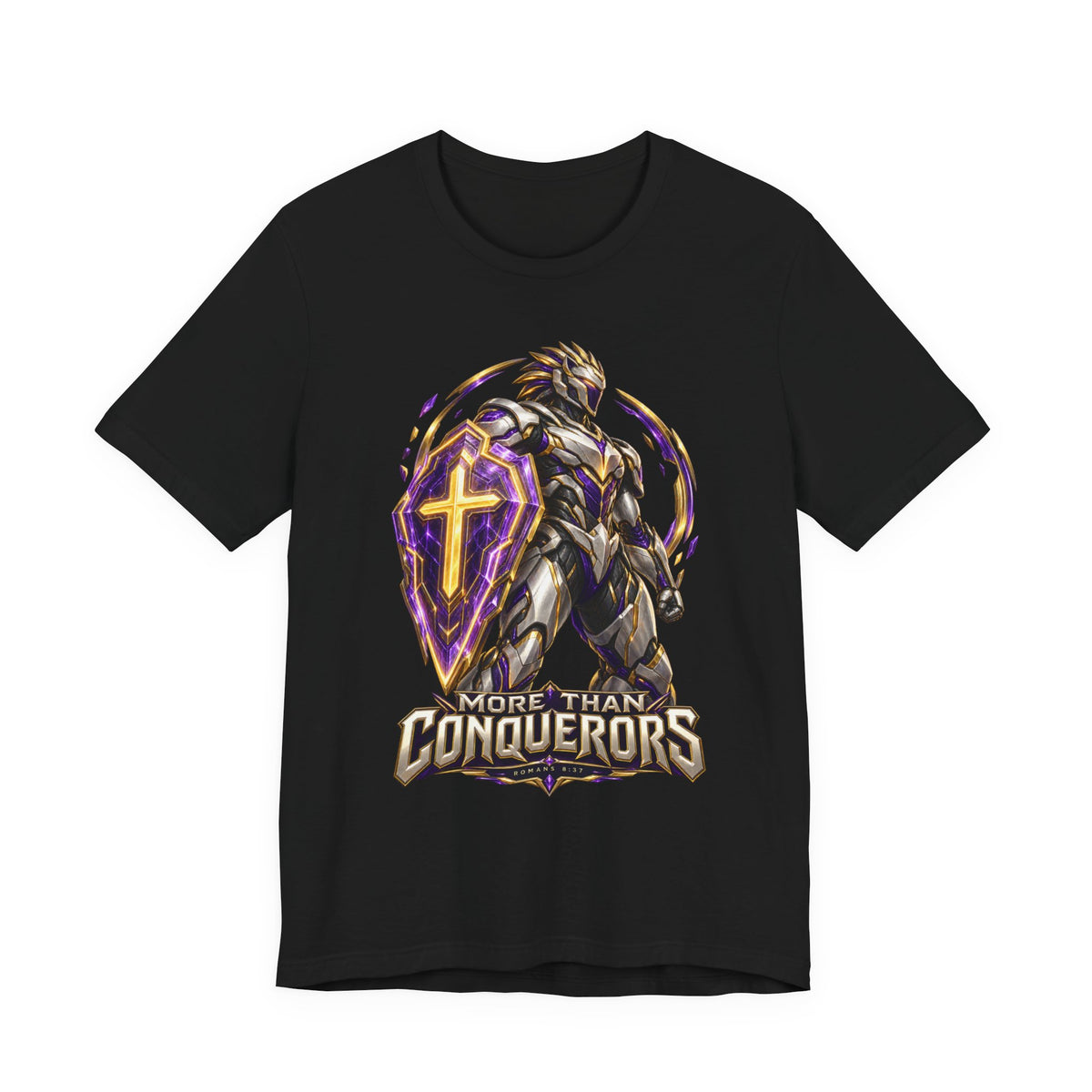 Christian Armor T-Shirt — "More Than Conquerors" Biblical Verse Tee