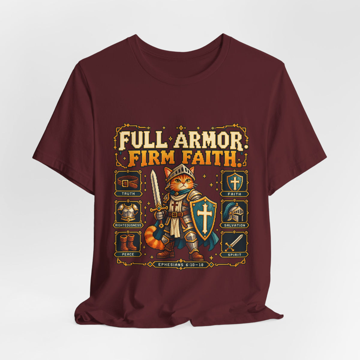 Full Armor, Firm Faith Tee — Christian Knight Cat Graphic T-Shirt