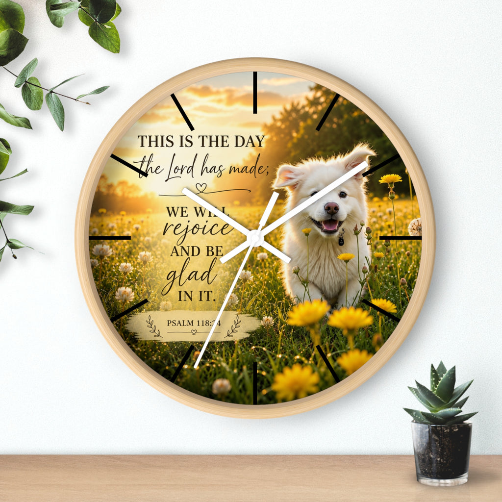 Inspirational Psalm 118:24 Wall Clock — Joyful Dog in Dandelion Field