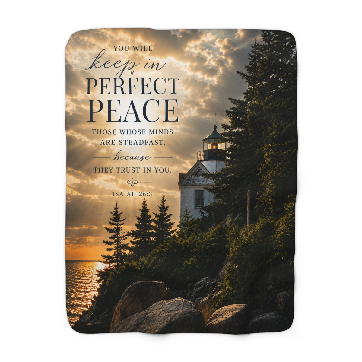 Sherpa Blanket with Lighthouse & Isaiah 26:3 'Perfect Peace' — Inspirational Christian Throw