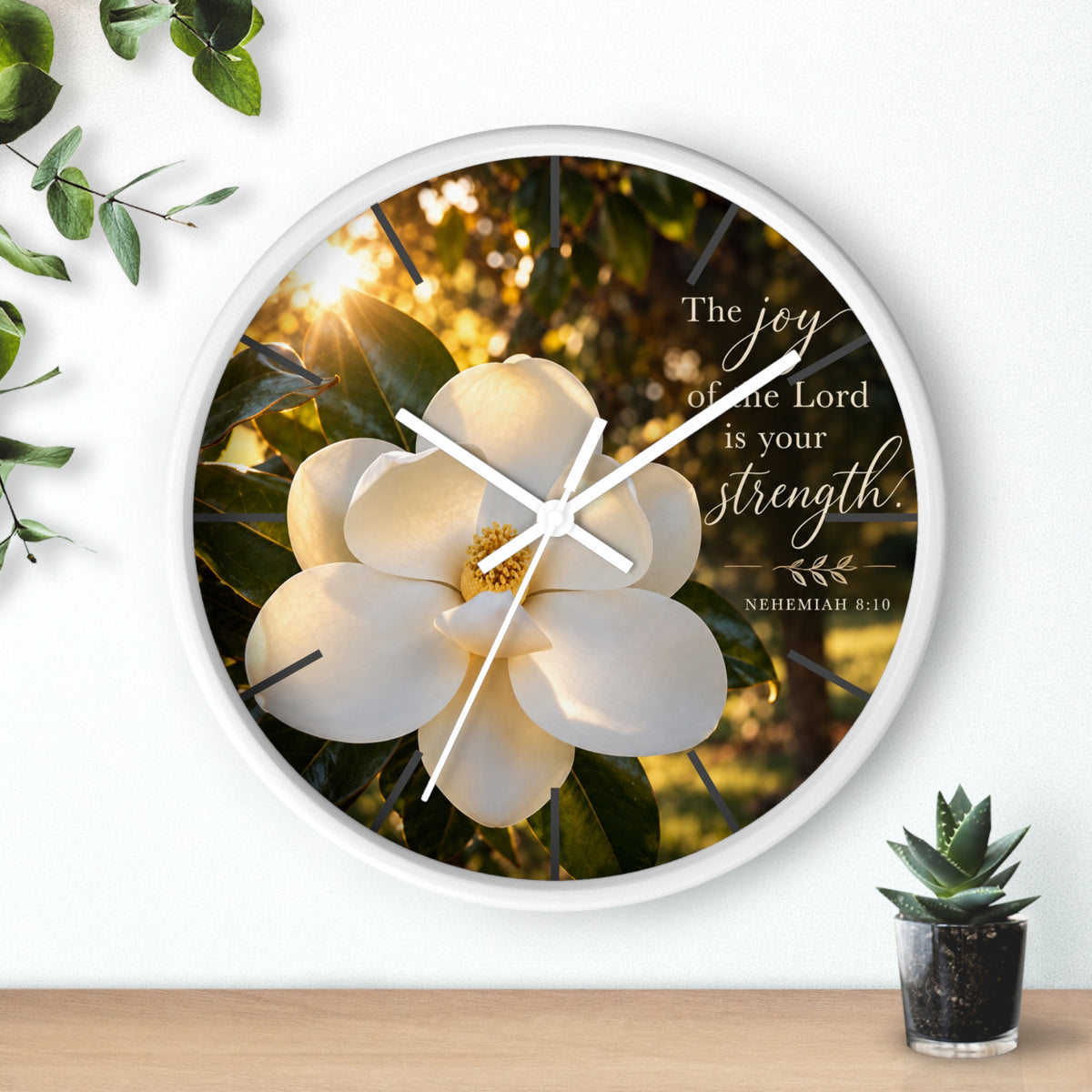 Magnolia Wall Clock — "The joy of the Lord is your strength" (Nehemiah 8:10)