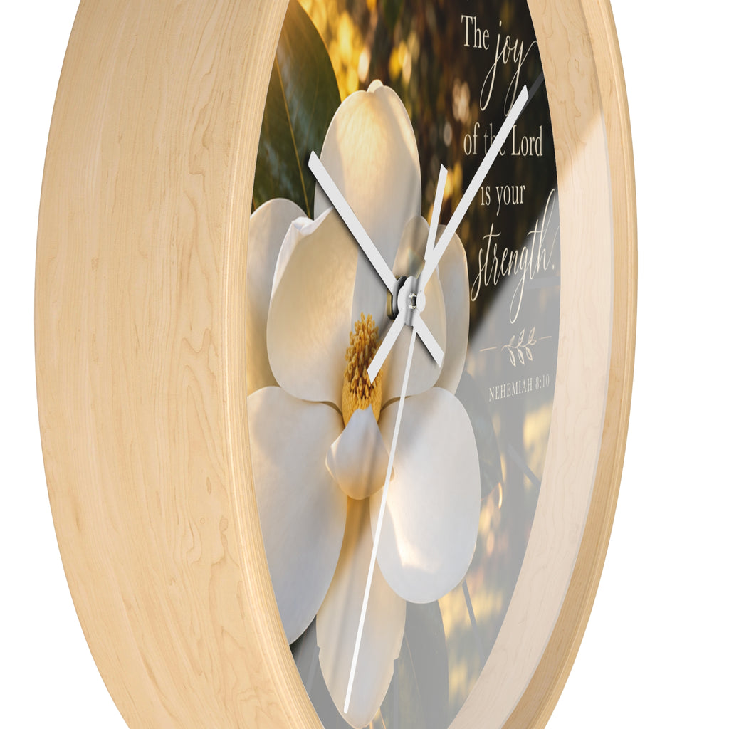 Magnolia Wall Clock — "The joy of the Lord is your strength" (Nehemiah 8:10)