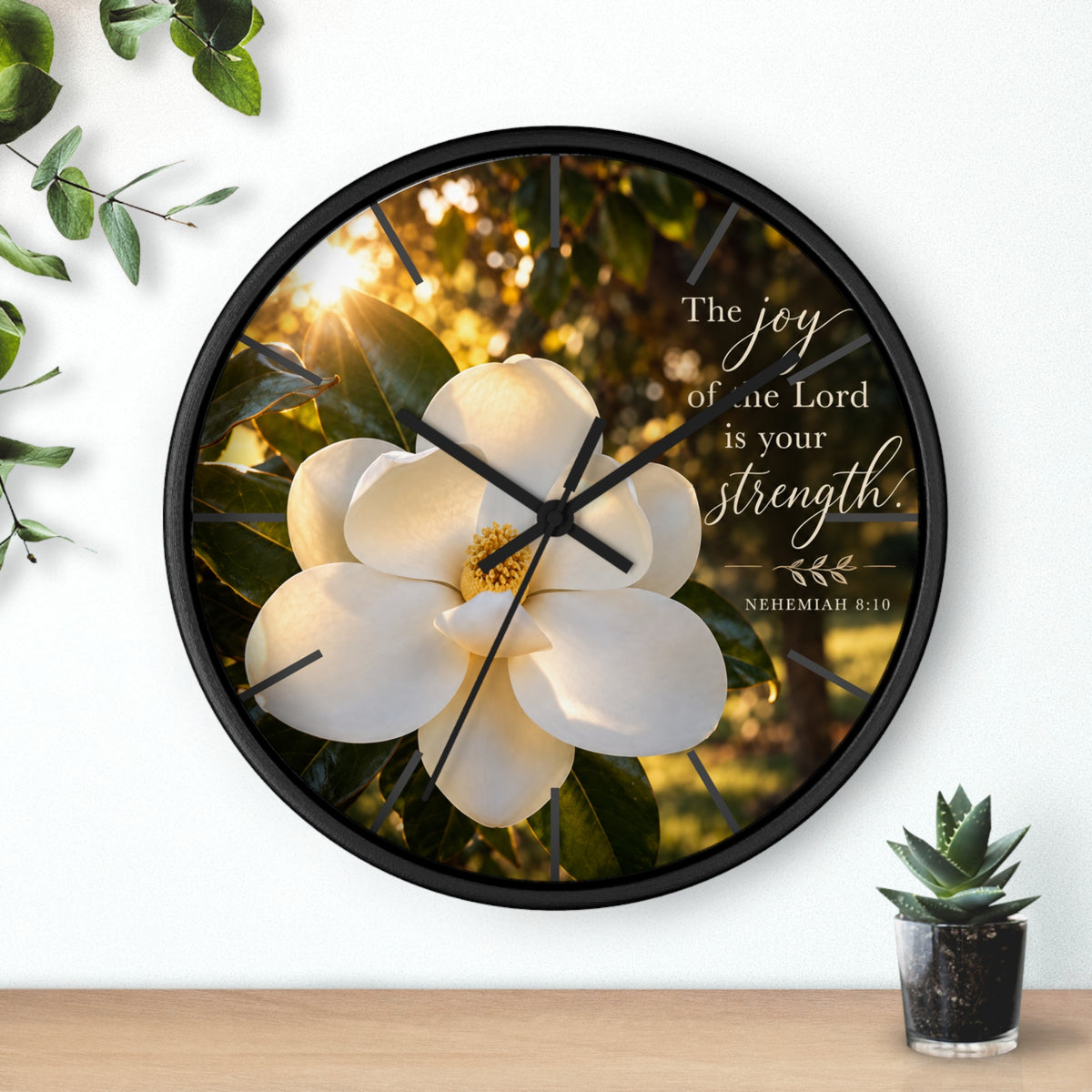 Magnolia Wall Clock — "The joy of the Lord is your strength" (Nehemiah 8:10)