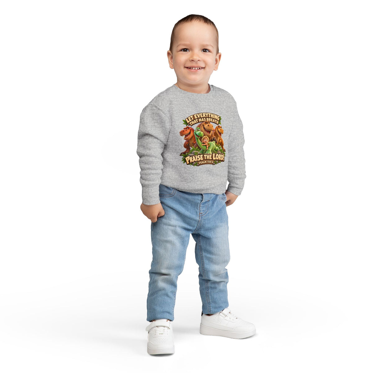 Toddler Sweatshirt - 'Let Everything That Has Breath Praise the Lord' Cute Dinosaur Bible Verse Crewneck
