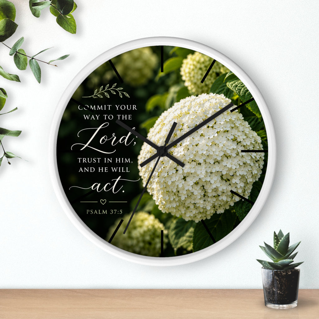 Christian Floral Wall Clock — Psalm 37:5 Inspirational Scripture Timepiece