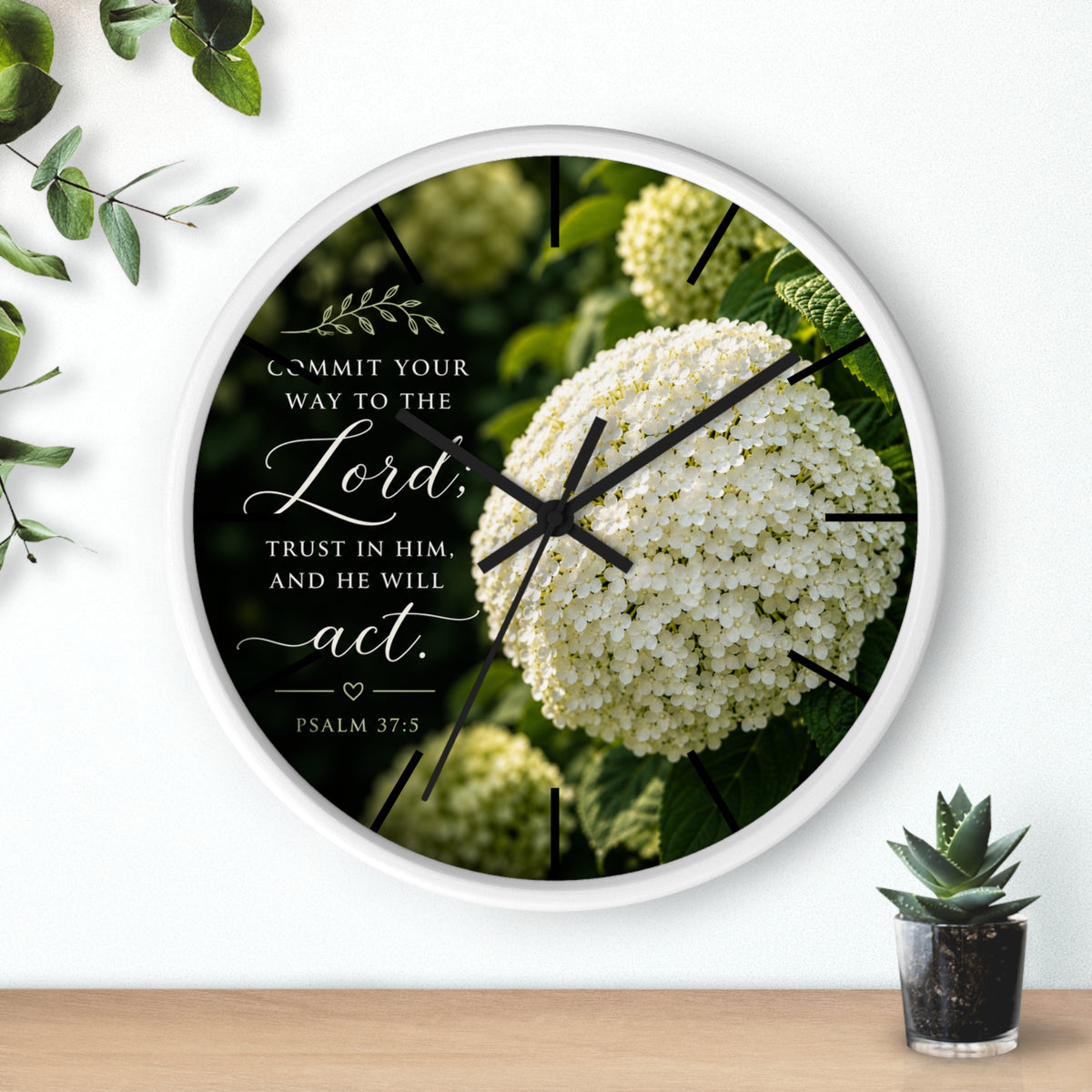 Christian Floral Wall Clock — Psalm 37:5 Inspirational Scripture Timepiece