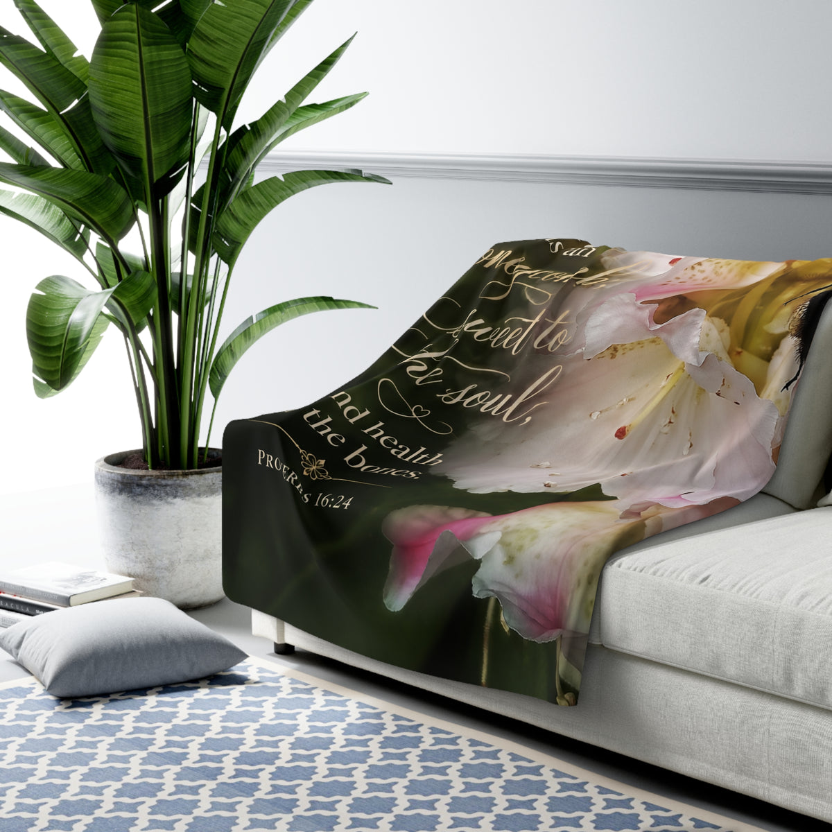 Sherpa Blanket — "Pleasant words are as an honeycomb" Floral Proverbs 16:24 Inspirational Throw
