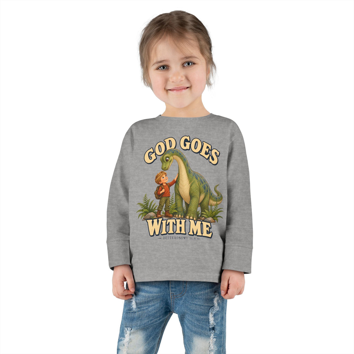 Toddler Long Sleeve Tee — "God Goes With Me" Dino Faith Shirt