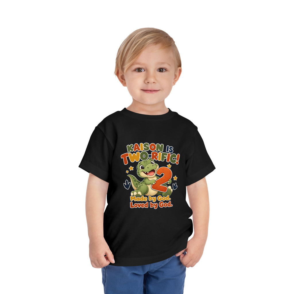 Personalized Toddler Tee - "Kaison is Two-rific!" Dinosaur 2nd Birthday Shirt