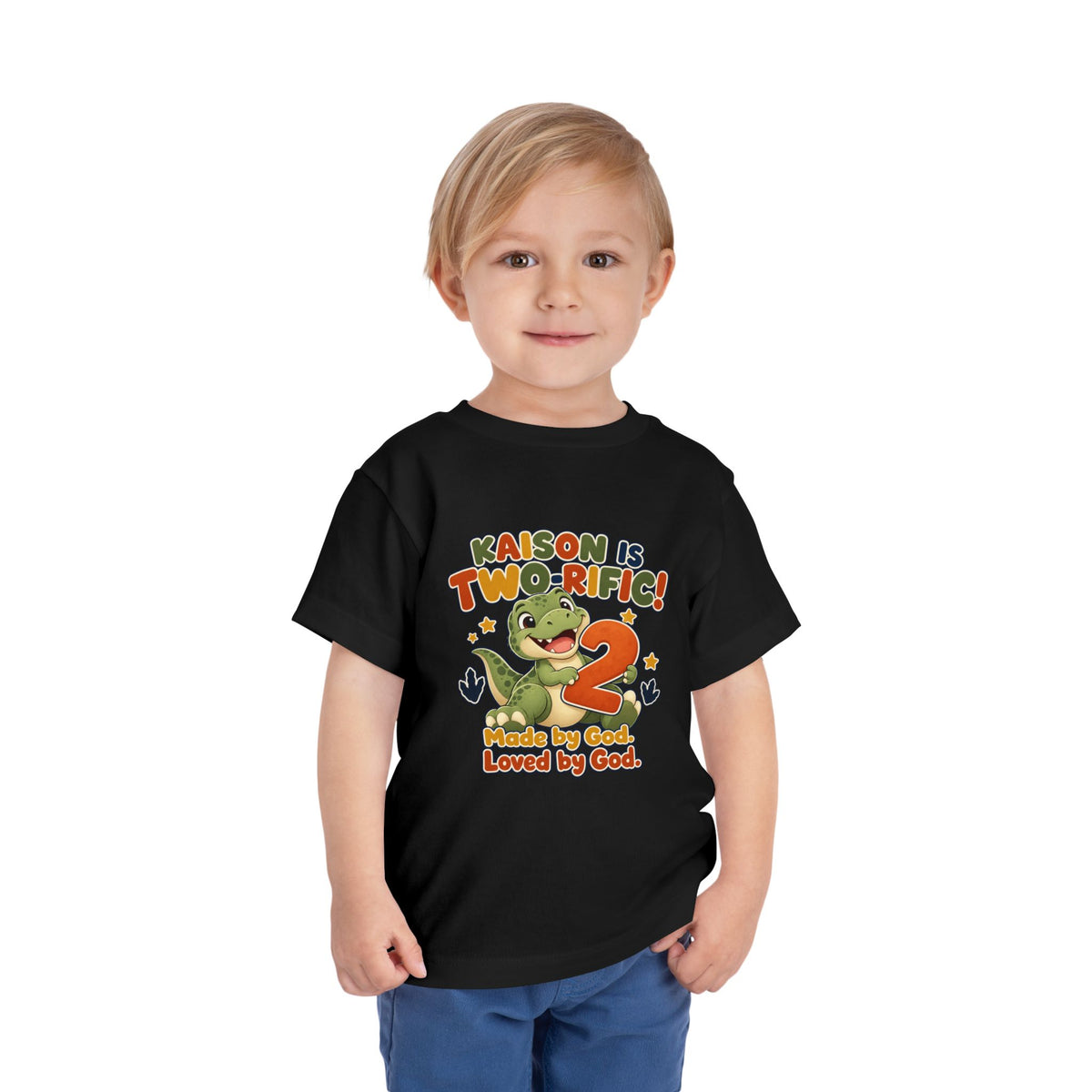 Personalized Toddler Tee - "Kaison is Two-rific!" Dinosaur 2nd Birthday Shirt