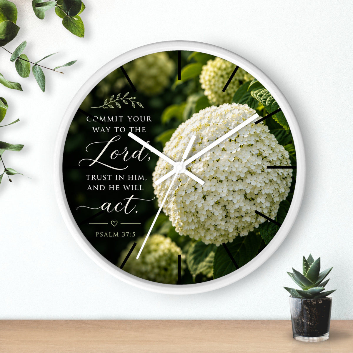 Christian Floral Wall Clock — Psalm 37:5 Inspirational Scripture Timepiece
