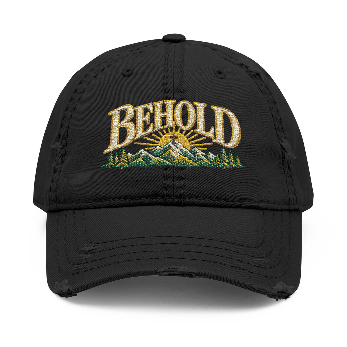 Behold Embroidered Distressed Dad Hat - Mountain Sunrise Baseball Cap