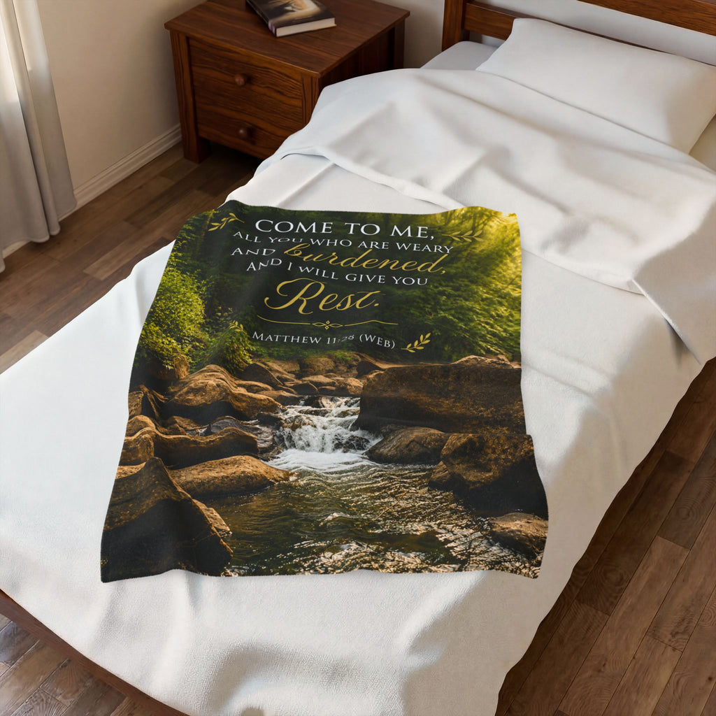 Inspirational Scripture Velveteen Plush Blanket — "Come to Me... I Will Give You Rest" (Matthew 11:28)