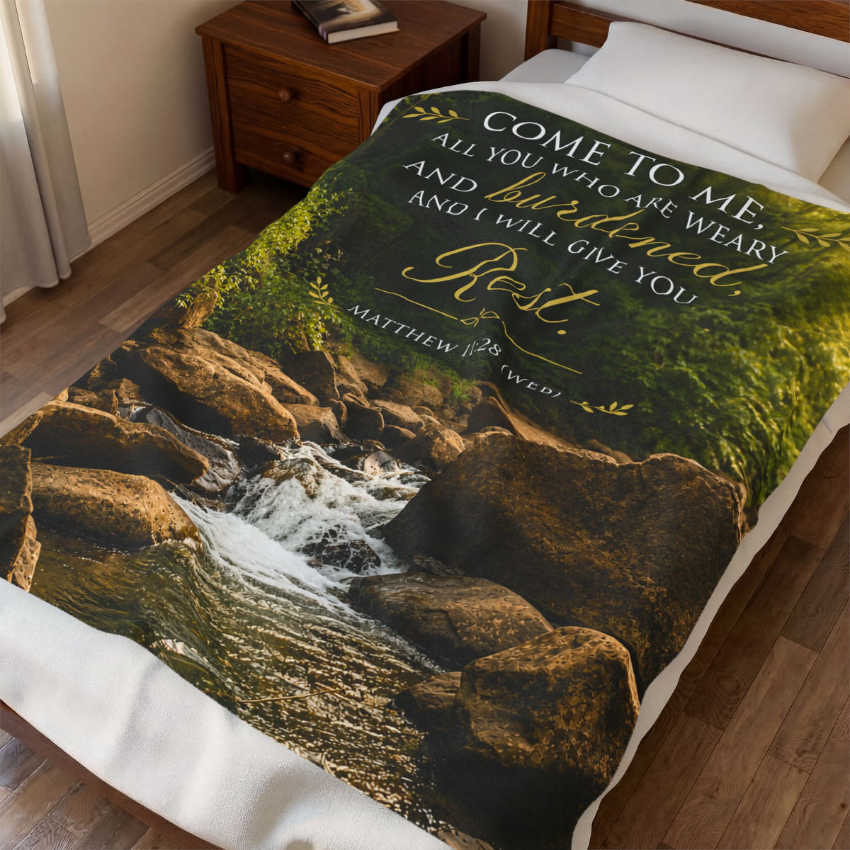 Inspirational Scripture Velveteen Plush Blanket — "Come to Me... I Will Give You Rest" (Matthew 11:28)