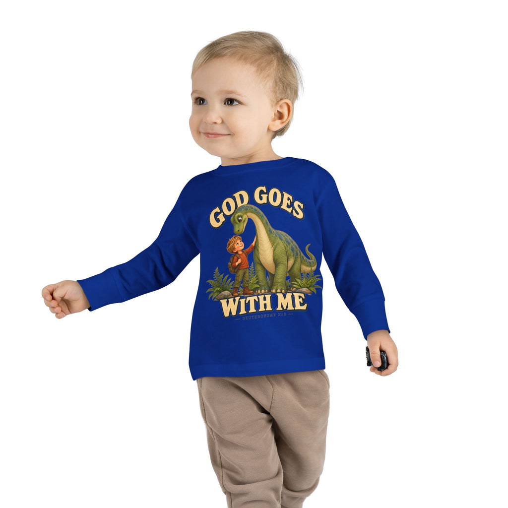 Toddler Long Sleeve Tee — "God Goes With Me" Dino Faith Shirt