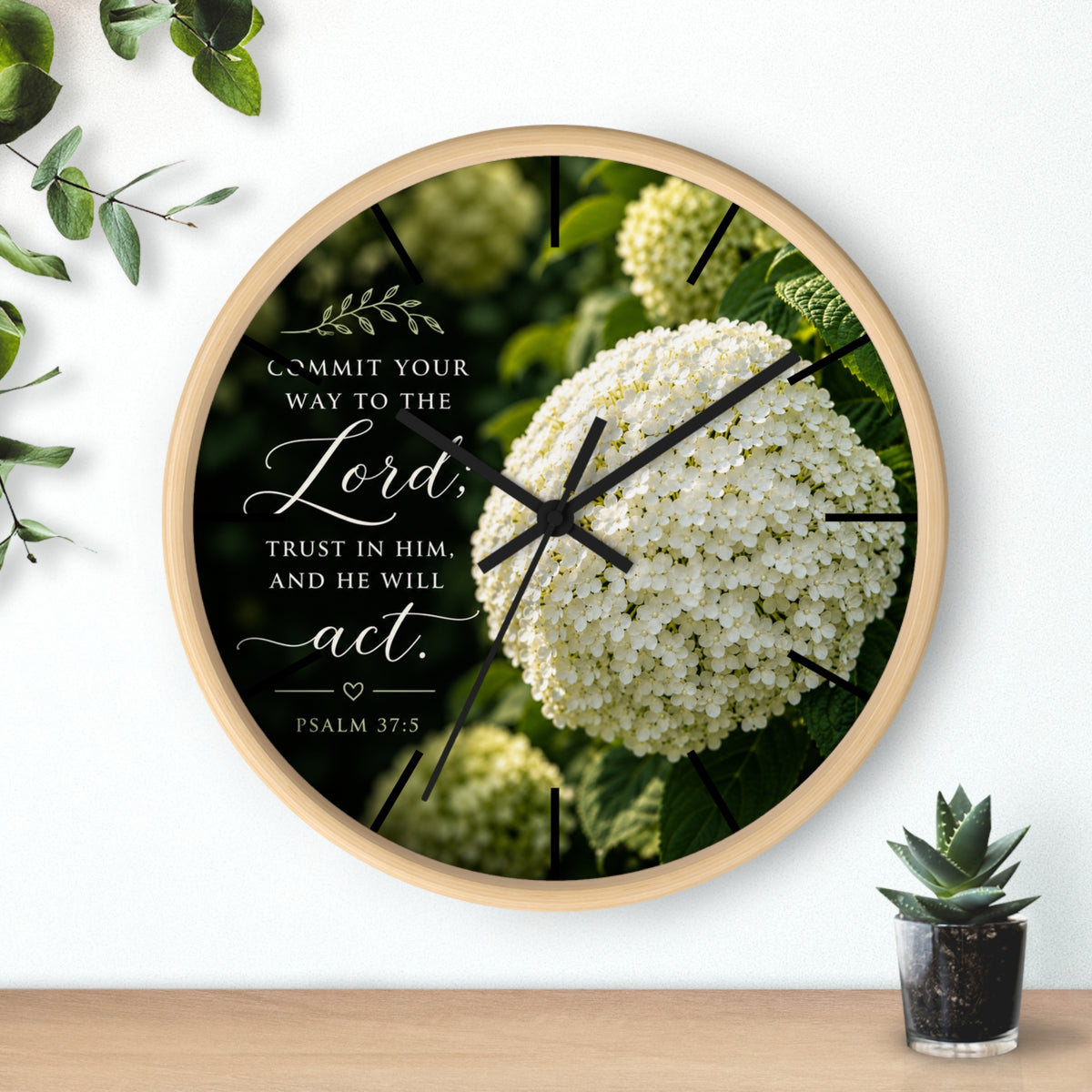 Christian Floral Wall Clock — Psalm 37:5 Inspirational Scripture Timepiece